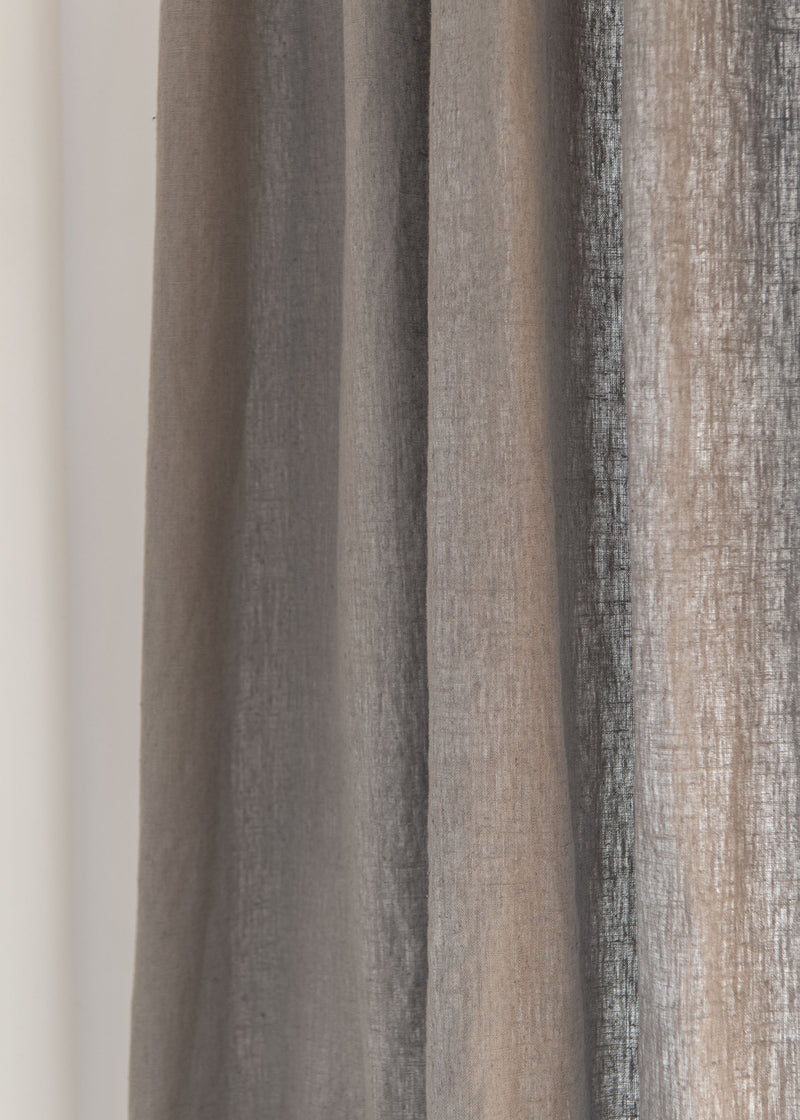 Heavy weight linen curtains in dark grey color, multi-functional heading tape.
