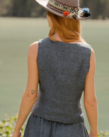 Amy - Linen Vest in Blue Herringbone