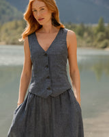 Amy - Linen Vest in Blue Herringbone