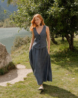 Shaina - Linen Skirt in Blue Herringbone