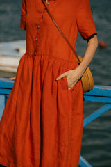 Elaine - Linen Dress in Burnt Orange