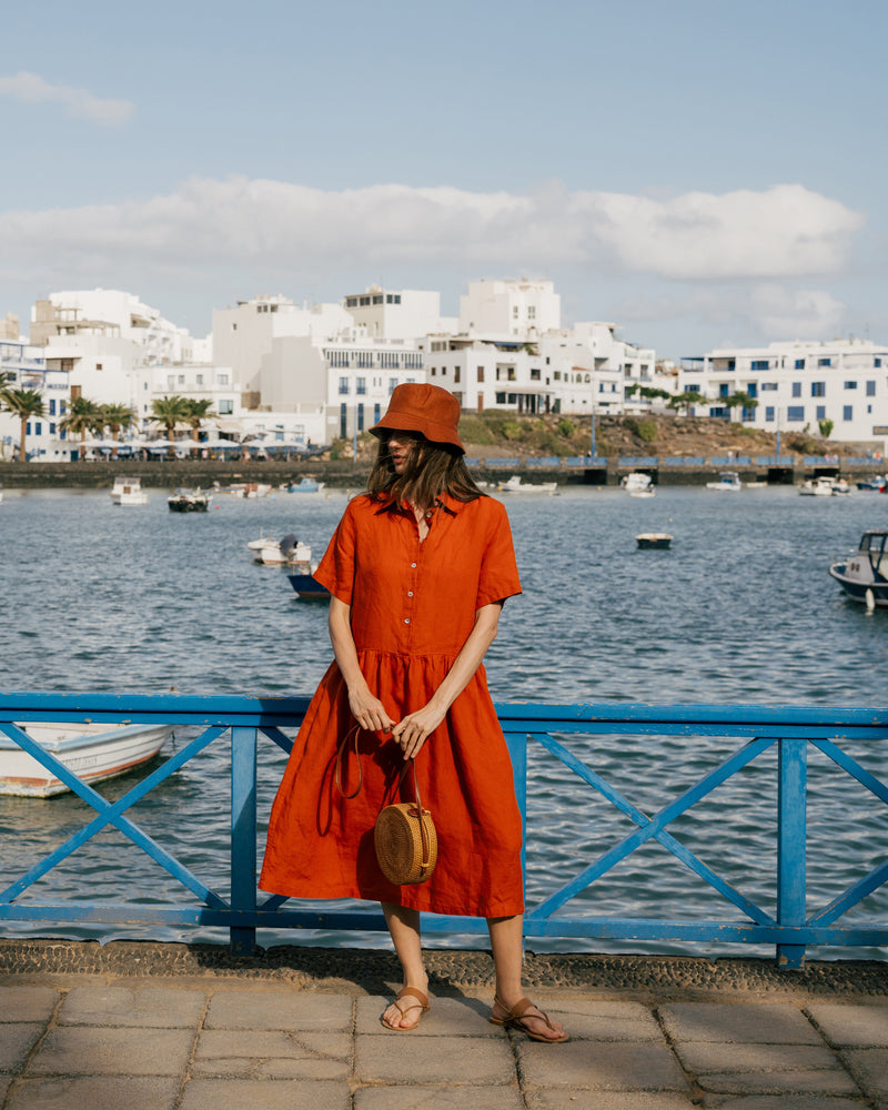 burnt orange linen dress Linen Summer Midi Dress
