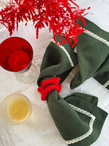 Dark green Heavyweight Linen napkins with white lace set of 2