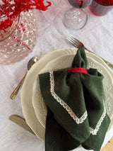 Dark green Heavyweight Linen napkins with white lace set of 2