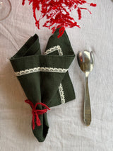 Dark green Heavyweight Linen napkins with white lace set of 2