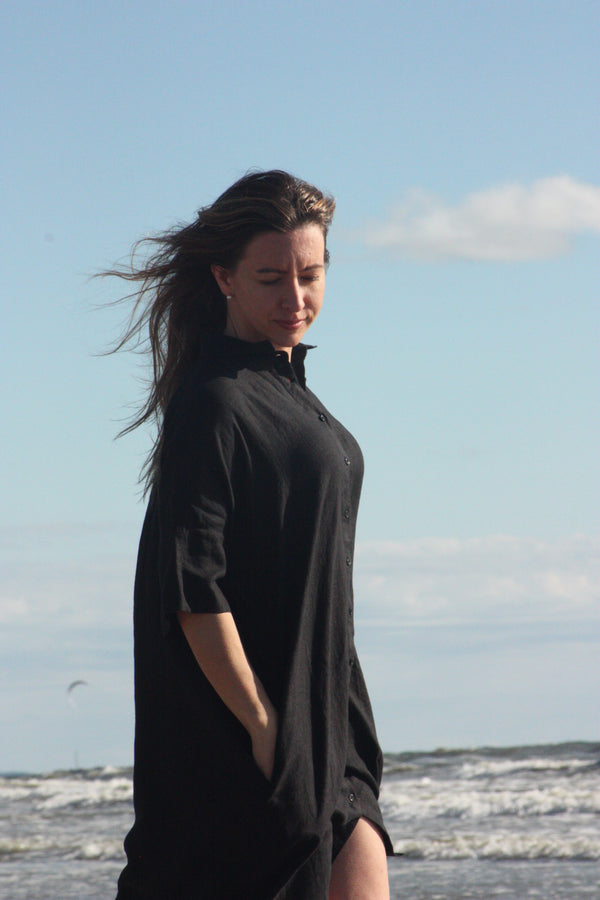 Gabi - Linen Shirt Dress in Black