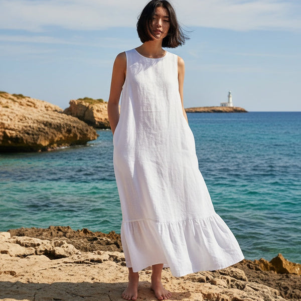 sauths linen dress Jane Color:Ash Wash SIZE::S Blue Dress Caption