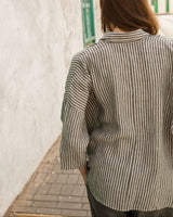 Cathy - Linen Blouse in Grey Stripe
