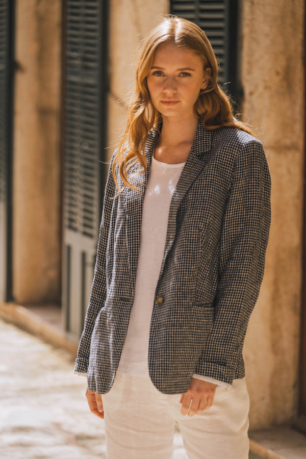 Amber - Linen Jacket in Dark Navy Checks