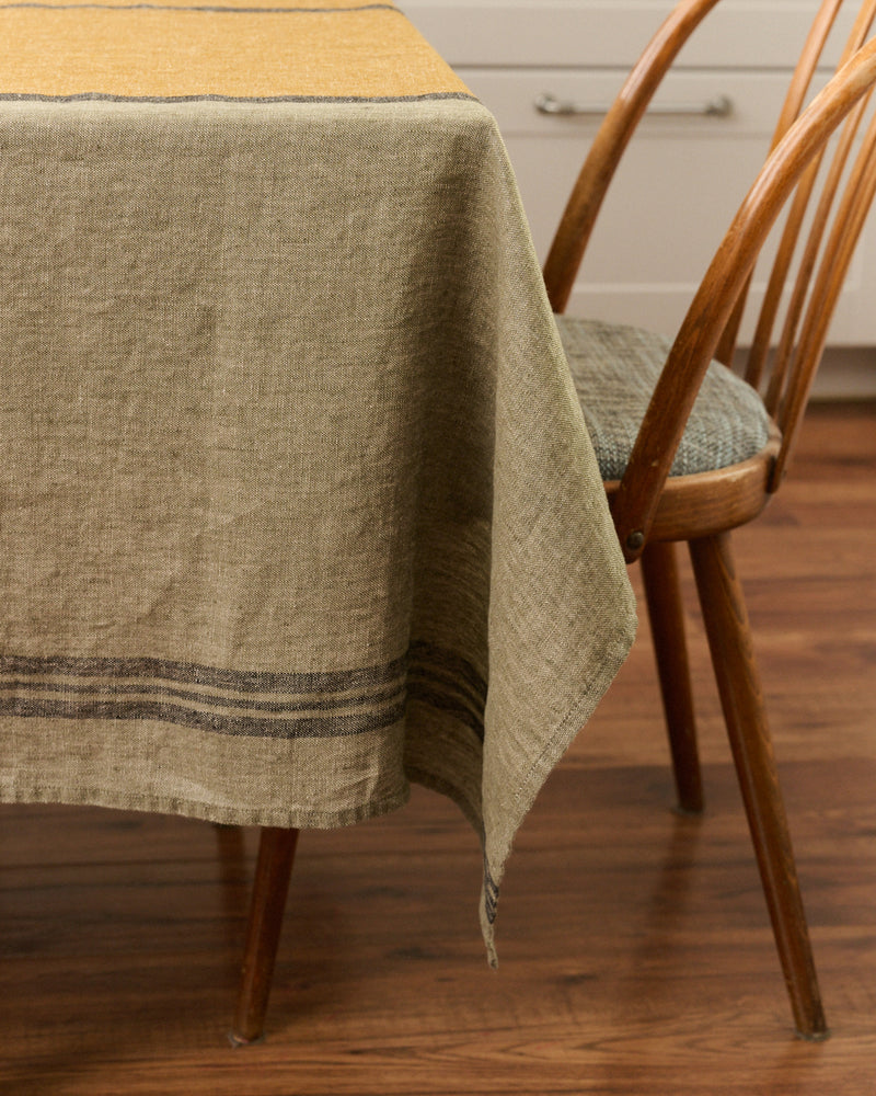 Linen tablecloth in Green Golden Stripe