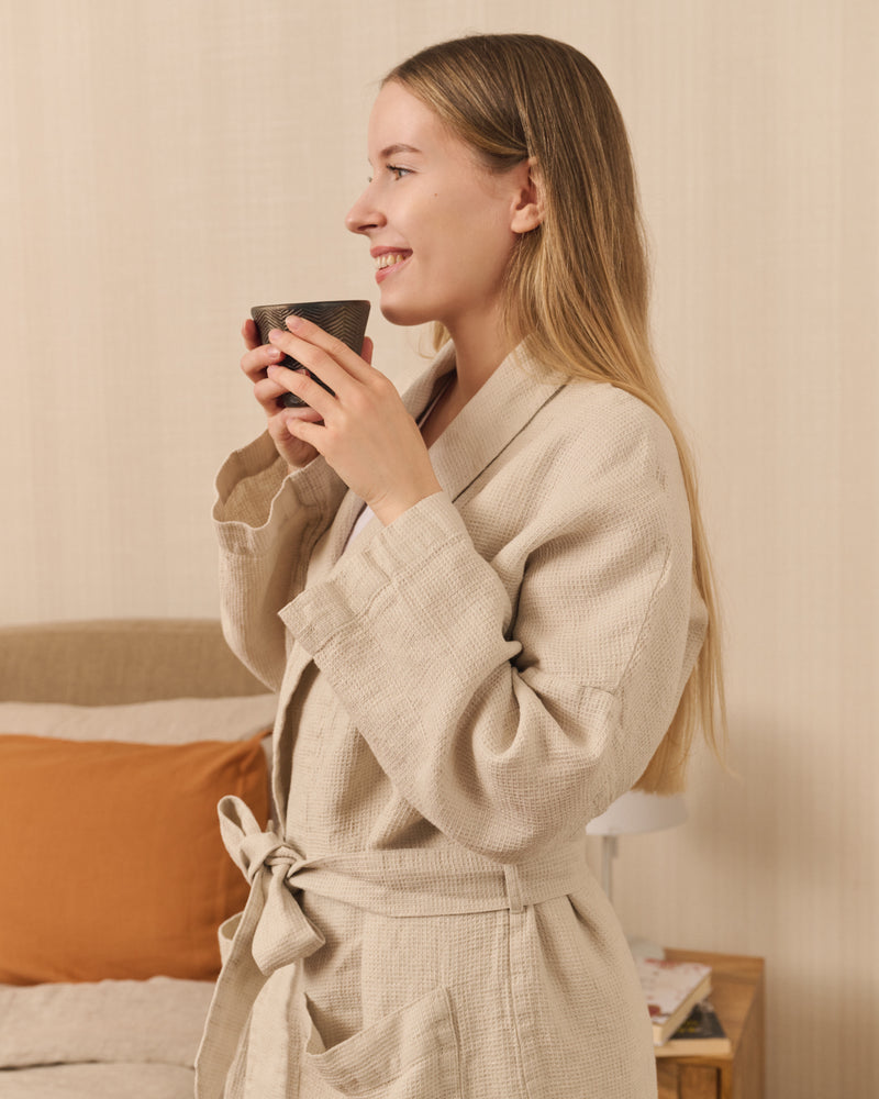 Waffle Linen Bathrobe in Beige