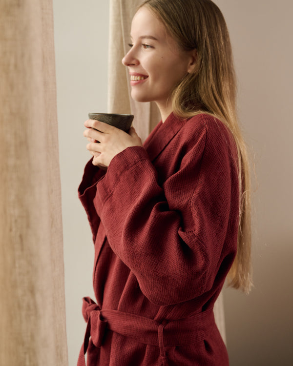 Waffle Linen Bathrobe in Burgundy