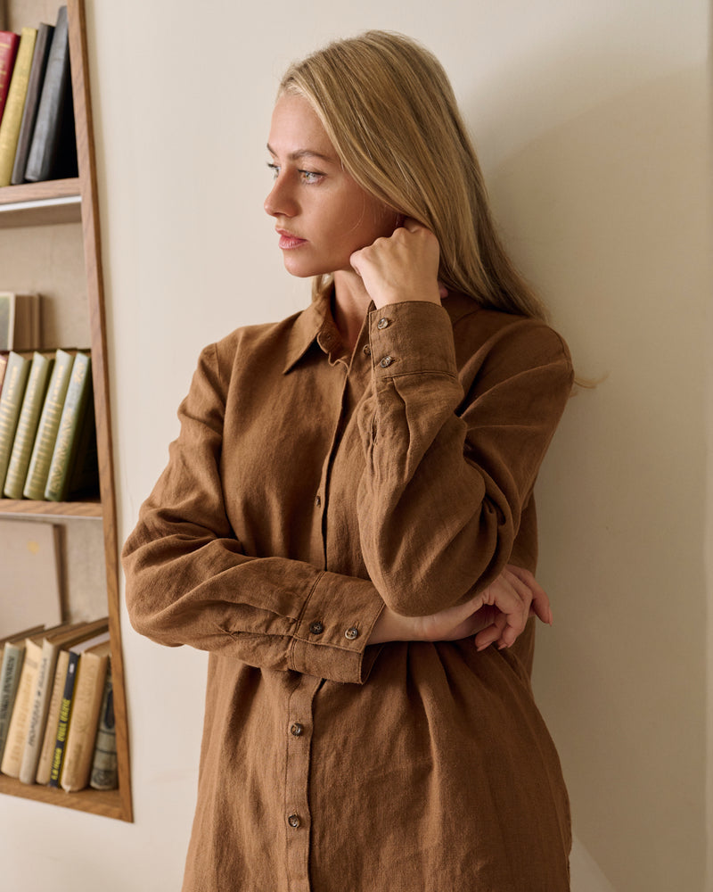 Mindy - Linen Shirtdress in Walnut