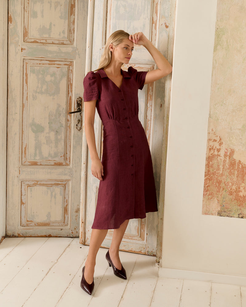Leila - Linen Dress in Deep Burgundy
