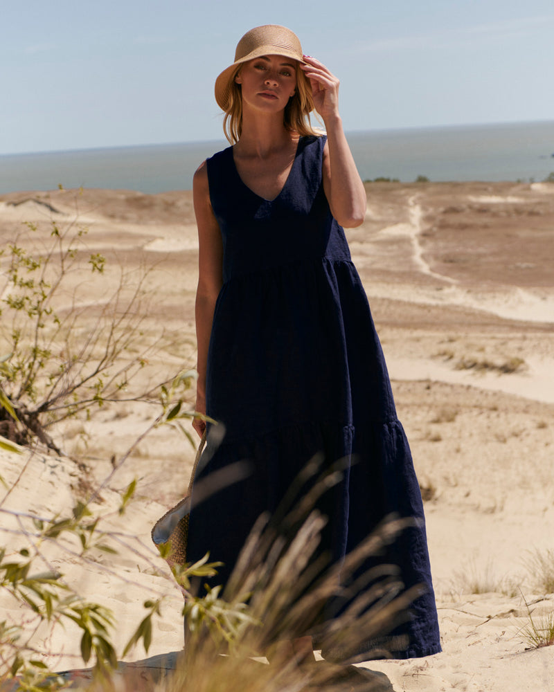 Dark Blue Linen Dress May – Sauths