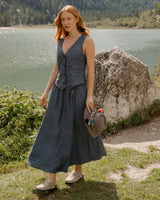 Shaina - Linen Skirt in Blue Herringbone