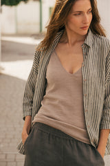 Cathy - Linen Blouse in Grey Stripe