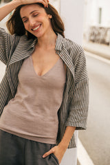 Cathy - Linen Blouse in Grey Stripe