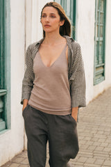 Cathy - Linen Blouse in Grey Stripe