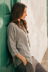 Cathy - Linen Blouse in Grey Stripe