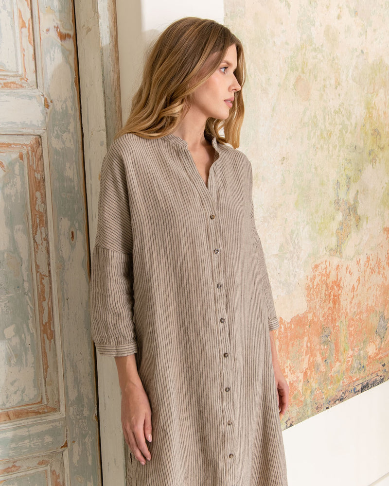 Taupe Striped Linen Dress APRIL
