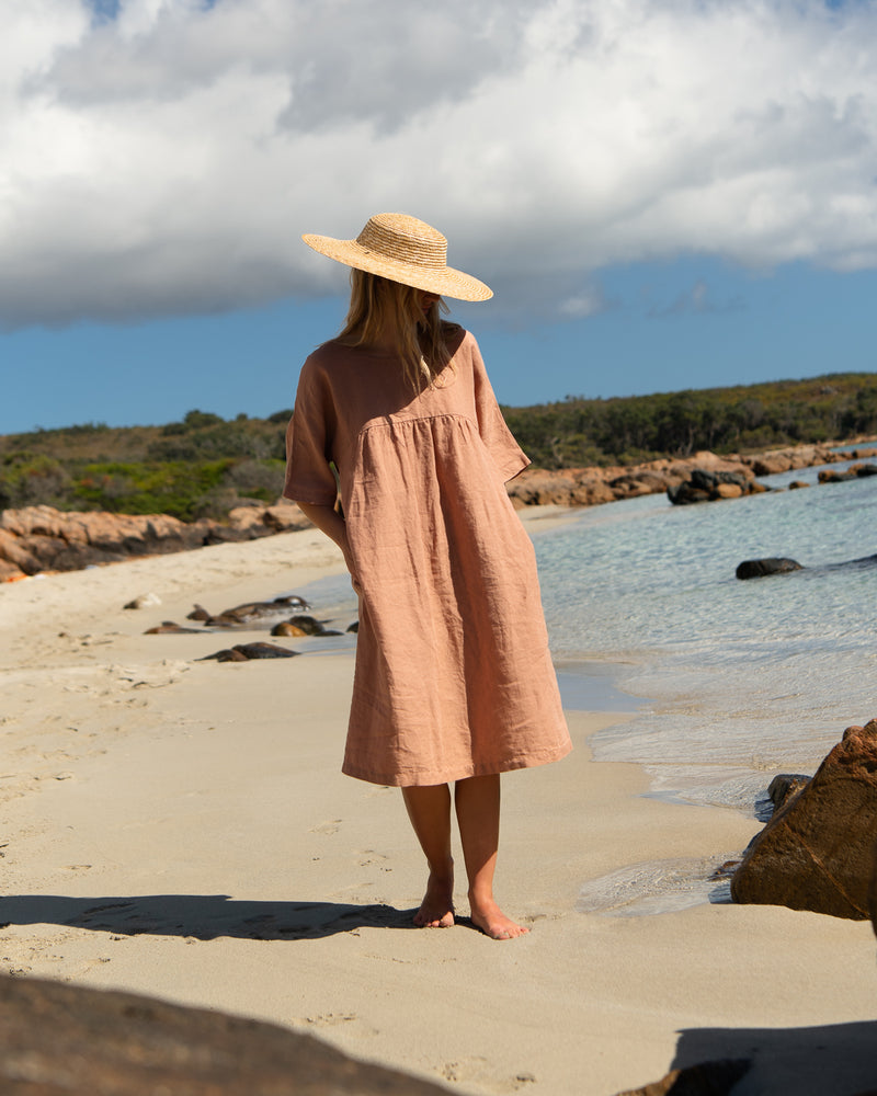 dusty rose linen dress Midi Linen dress HEIDI / Linen tie back dress / Dusty rose