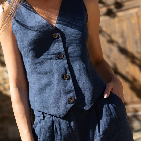 Dark blue linen vest Amy – Sauths