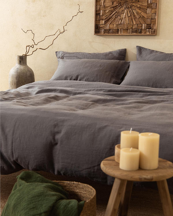 Dark Grey Linen Sham With Frindges