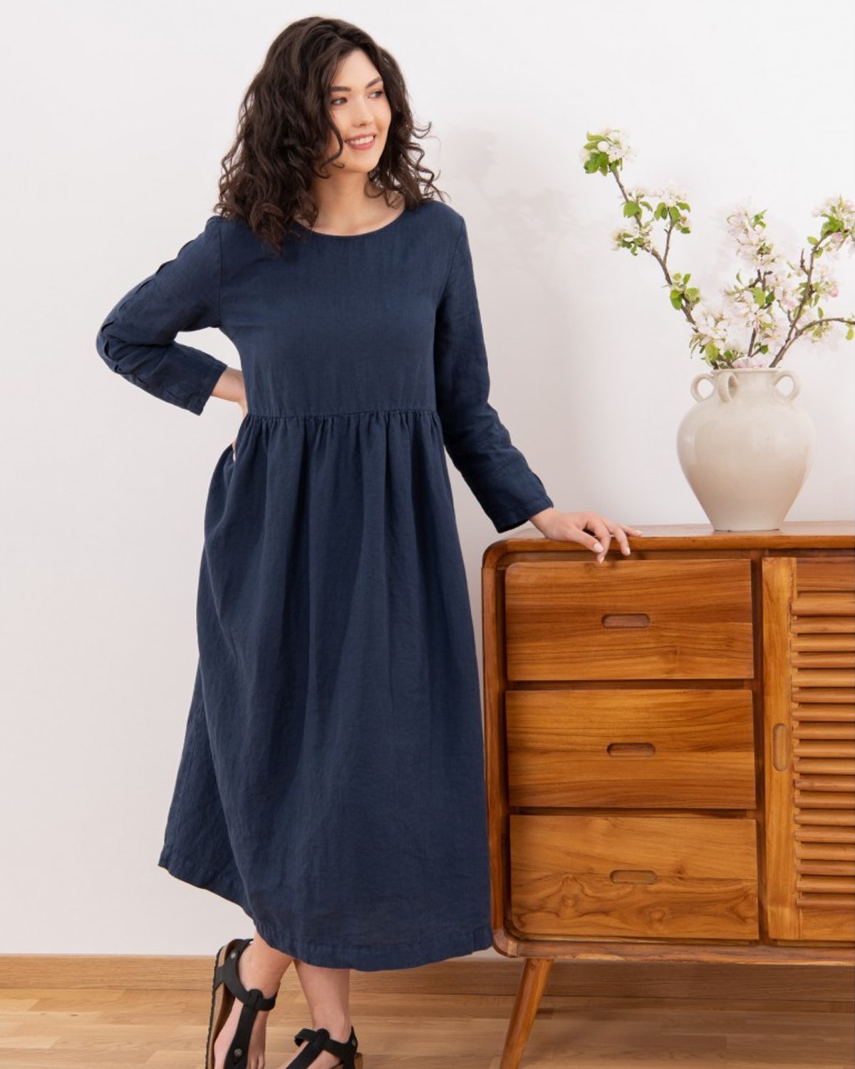 Dark Blue Loose Fit linen dress Sunrise – Sauths
