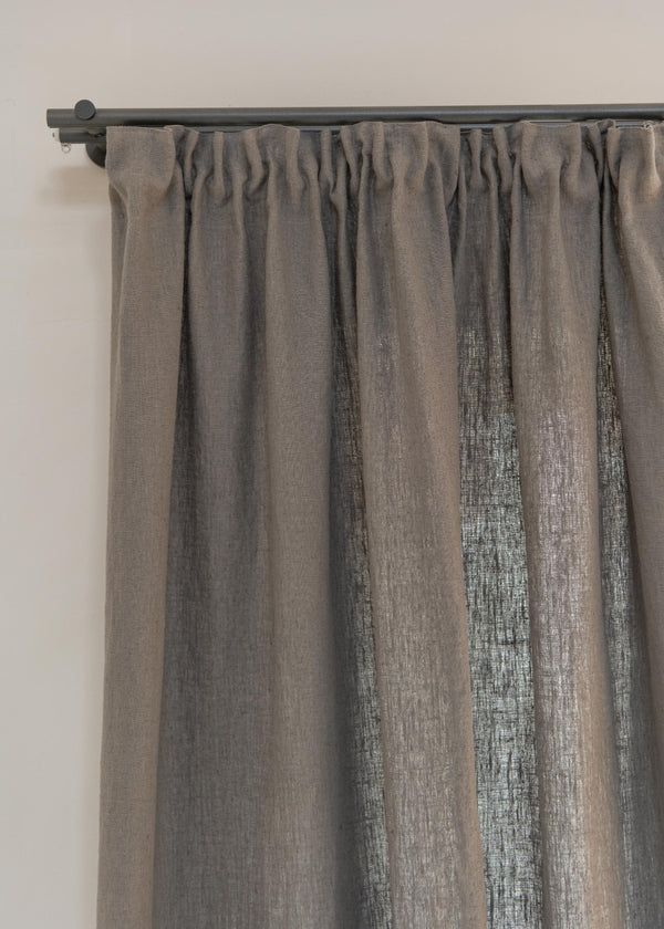 Heavy weight linen curtains in dark grey color, multi-functional heading tape.